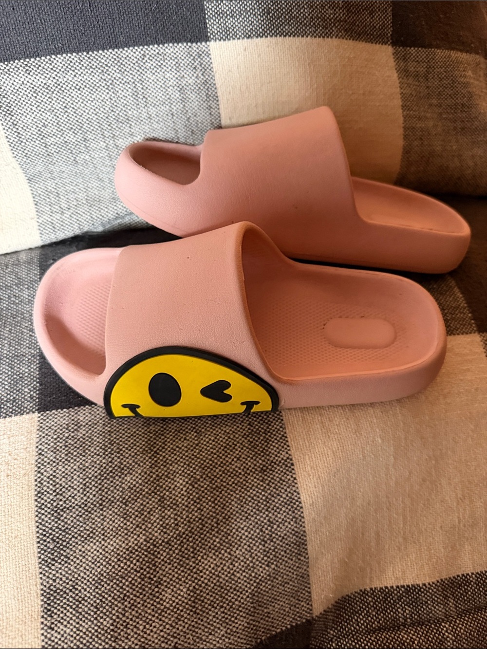 Kids Pink Slide Sandals with Yellow Winking Smiley Accent
